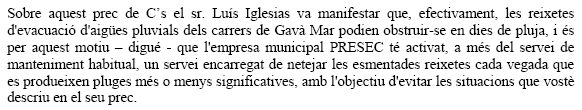 Resposta de l'Ajuntament de Gavà al perc presentat per Ciutadans de Gavà reclamant la neteja dels embornals de Gavà Mar (27 de setembre de 2007)